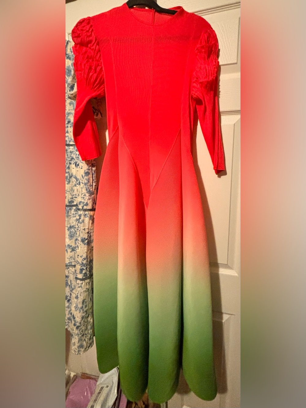 Oh So Modest Bounce Red-to-Green Ombre Long Sleeve Maxi Dress